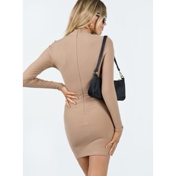 Princess Polly Savoy Long Sleeve Mini Dress Beige Tan Ribbed Knit Mock Neck - Picture 3 of 9